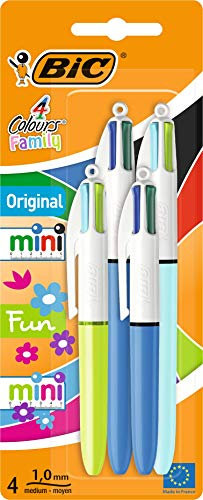 Bic 4 Farben Family Pen Packung Druckkugelschreiber mit vier Tintenfarben, 4er Set (2 Mini, 2 Original)