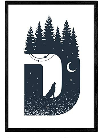 Nacnic stampa artistica Lettera D, tema NATURA (lupo, luna, foresta e montagna). Poster di lettere dell'alfabeto in bianco e nero. Arreda casa tua o Immagine stampata su Carta da