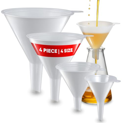 KarZone Plastic Funnel - 4 Pack of Round Kitchen Funnels for Filling Bottles, Jars & Containers - Small Funnel Sets - Automotive Oil Funnel for Gas, Lubricants and Fluids, White