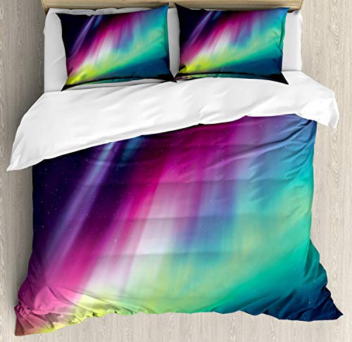 ABAKUHAUS Nordlicht Bettbezugs Set Für Doppelbetten, Sternennacht Foto, Milbensicher Allergiker geeignet mit Kissenbezügen, 200 x 200 cm,Grün Lila Rosa
