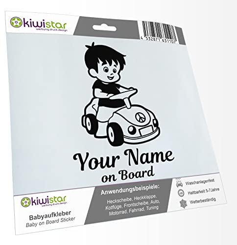 Kiwistar - Babyaufkleber - Schwarz - Junge Auto Sticker - mit Wunschtext individuell personalisiert + Baby on Board 15cm - für Auto, Motorrad, Tuning - Aufkleber selbst gestalten