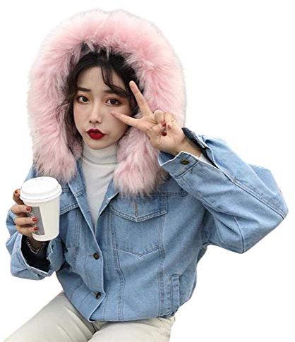 ORANDESIGNE Veste en Jean Femmes Veste à Capuche Col Fourrure Grande Taille Chaud Manteau Hiver Outwear à Manches Longues Denim Blouson Parka C Rose L