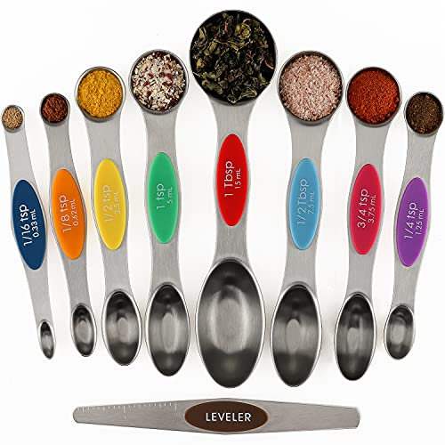 Magnetisches Messlöffel-Set, 9 Stück, Edelstahl, doppelseitig, stapelbar, Teelöffel, Esslöffel zum Messen von trockenen und flüssigen Zutaten