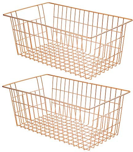 SANNO Wire Storage Basket, Farmhouse Pantre Freezer Baskets bins Metal Baskets Kitchen Storage Organizer Bin for Pantry, Shelf, Freezer, Kitchen Cabinet, Bathroom, Rose Gold