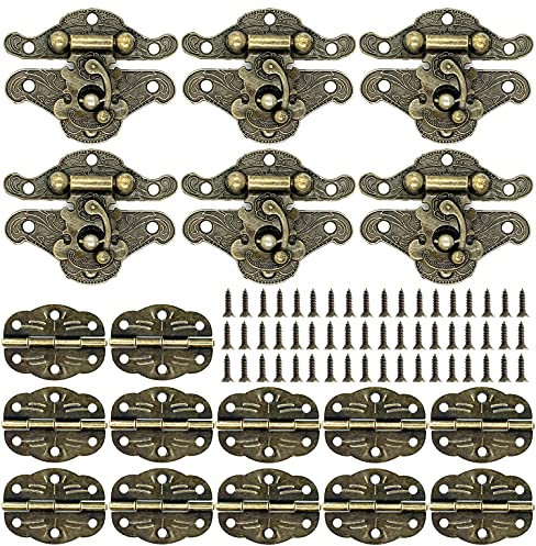 Lot de 6 loquets décoratifs pour armoire - Style rétro - 12 charnières en bronze - 108 vis (charnière lotus)