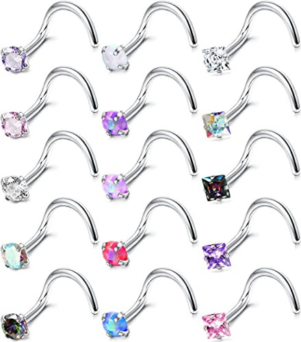 Milacolato15 Stück 20G Nasenstecker Chirurgischer Edelstahl Nasenring L-förmige Schraube Ohrstecker Ringe Zirkonia Nasenring Labret Nasenpiercing Stecker Schmuck für Damen Herren S