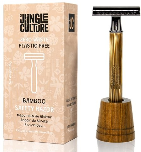 Jungle Culture® Bamboo Safety Razor for Men & Women with STAND • Premium Eco Friendly Razor • Fits Double Edge Razor Blades • Single Blade Reusable Razor • Plastic Free Zero Waste • Light