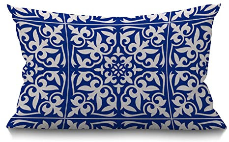 BGBDEIA Marokkanischer Fliesen-Kissenbezug, traditionell, florales Kobaltblau, Taille, Lendenwirbelsäule, Baumwolle, Leinen, Überwurf, Kissenbezug für Sofa, Zuhause, dekorativ, länglich, 30x50 cm