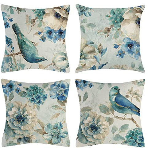 OCEUMACO Leinen Kissenbezug 40x40 Blumen Vogel Muster Kissenhülle 4er Set Quadratisch Sofakissen Dekokissen Bezug für Couch Sofa Kissen Kissenbezüge Outdoor Deko Zierkissen Couchkissen - Blau