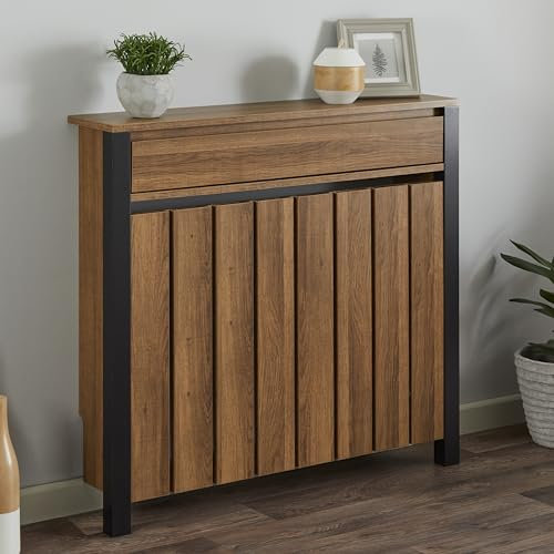 DuraTherm® Radiator Cover Black & Wood Plywood Cabinet Vertical Slat Storage Drawers & Shelf, Radiator Cabinets for Office Hallway Living Room Bedroom, Small (H: 88.5cm / W: 93cm / D: 19cm)