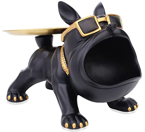 Coole Bulldogge Deko Französische Bulldogge Skulptur Hunde-Statue Aus Kunstharz Welpe DekorationMit Edelstahl Tablett Für Schlüssel Organizer Süßigkeiten Aufbewahrungsbox Tischdekoration (Color : Sch