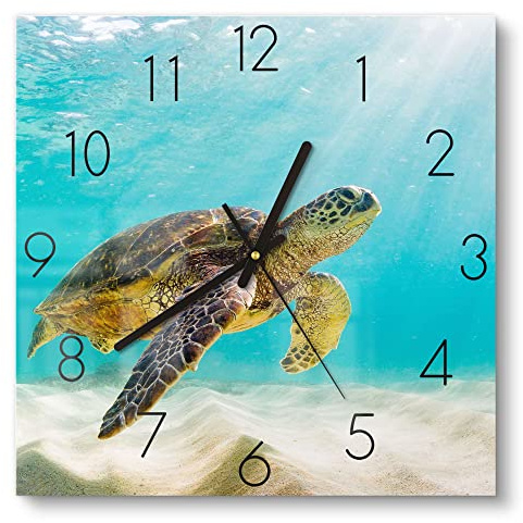 DEQORI Glasuhr | 30x30 cm | Motiv Schildkröte unter Wasser | ausgefallene leise Design Uhr aus Glas | Wanduhr für Wohnzimmer & Küche | moderne Hingucker Uhr für die Wand