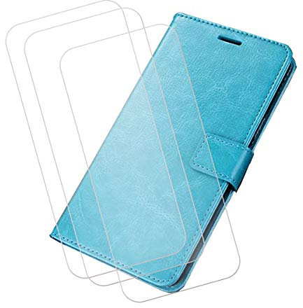 LCEHTOGYE Funda para Realme C53 Case, PU Carcasa Caso + 3 Pedazo Cristal Templado Film Vidrio Protector de Pantalla para Realme C53 - FMR64 - Azul