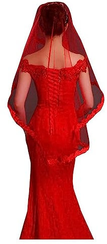 Hochzeit Brautschleier Frauen Festliche Tüll Schleier Braut Accessoire Kopfschmuck, rot