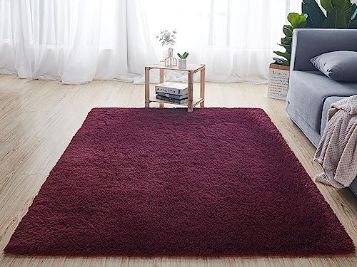Reyox Shaggy Teppich Hochflor Langflor, Teppiche Uni Farben rutschfest Pflegeleicht für Wohnzimmer Schlafzimmer Bettvorleger Weinrot 50 x 80 cm