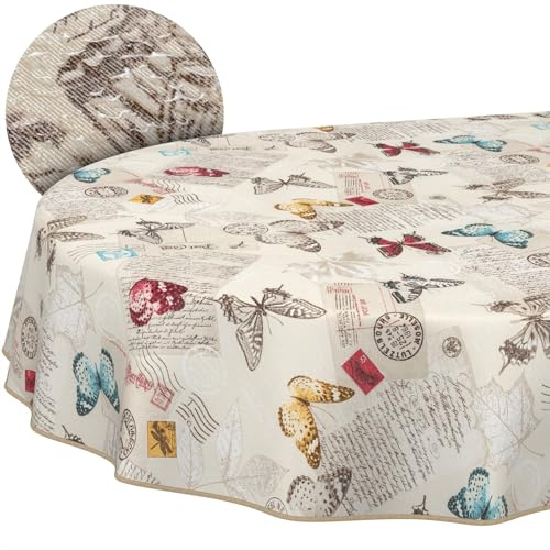 ANRO Tischdecke abwaschbar Schmetterlinge mit Saum oval 180x140 cm | mit Saum eingefasst – Tischwäsche aus beschichtetem Stoff – schmutz- & wasserabweisend, pflegeleicht – waschbar bei 30 °C