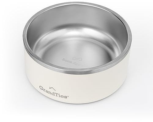 GrandTies Stainless Steel Dog Bowl | Engraved Reusable BPA-Free Insulated Cat Bowls | Large Heavy Duty Non Skid Spill Proof Dog Bowl (64oz, Ivory White)