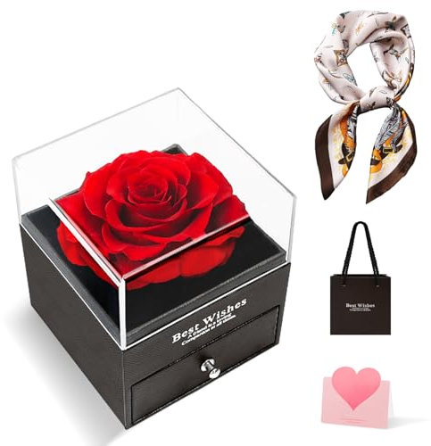 Elekin Ewige Rose Box, Rote Eternal Rose Mit Halstuch,Echte Ewige Konservierte Blumen Frauen Präsent Box Muttertag Weihnacht Valentinstag Hochzeitstag Präsent Für Frauen Mama Oma Ehefrau Freundin