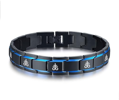 PJ JEWELLERY 2-Ton Schwarz Und Blau Edelstahl Satanic Cross graviert Brimstone Leviathan Link Armband Occult Luciferian Lucifer Armband Für Herren Und Jungen