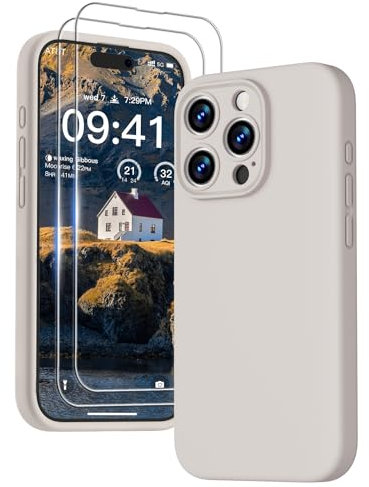 GOODVISH 3 in 1 Silicone Cover per iPhone 15 Pro Max 6.7 (2023), Custodia con 2 Pellicola Protettiva, Case per Cellulare Ultra Sottile Antiurto Resistente [Protezione Fotocamera], Grigio Roccia
