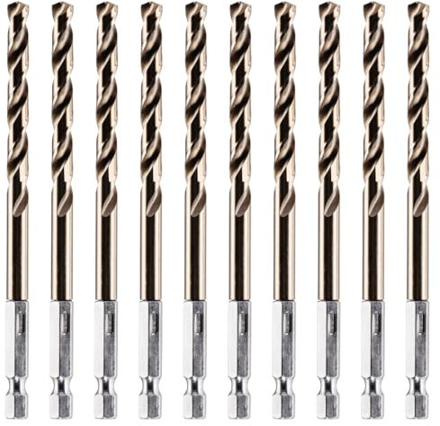 Rennie Tools - Box of 10 x 6mm Hex Shank HSS Gold Cobalt Jobber Drill Bit Set For Stainless Steel, Hard Metals, Aluminium, Cast Iron, Copper. Twist Drill Bit Sets. 6mm Drill Bits Metric Drill Set
