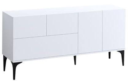 Calicosy Buffet 5 Portes Blanc Glise - L150 cm - Gain de Place - en Panneaux de Particules Recouvert Décor Mélaminé - pour Salon - l35 x L150 x H75 cm