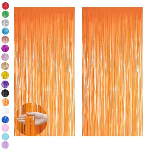 Orange Tinsel Curtain Party Backdrop Glitter,2P 3.2ft x 6.5ft Foil Curtain Halloween Decorations,Orange Foil Fringe Streamers Metallic Tinsel Door Hanging Foil Flow Silk Streamers for Party Background