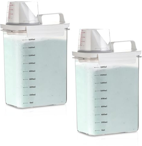 TOATELU Dispenser per detersivo ermetico con misurino: 2 pezzi da 1800 ml in polvere trasparente multiuso contenitore per detersivo, secchio per bucato morbido