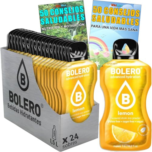 Lote Bebida Bolero (24 x 9 Gr) Sabor LIMÓN Hidratante con Vitamina C, Sin Azúcar + Tarjeta con 100 Consejos Saludables y Vida Sana x WikiMark (24 Sobres + Tarjeta 100 Consejos, LIMÓN (LEMON))