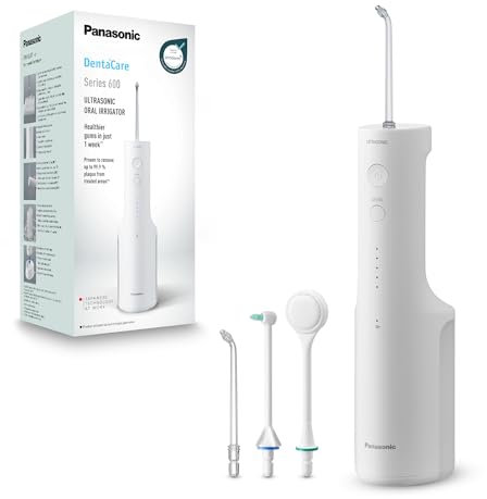 Panasonic Series 600 Ultraschall-Munddusche EW-DJ67-W303, Zahndusche, Munddusche kabellos, 200 ml, IPX7, 2 Ultraschalldüsen, 1 kieferorthopädische & 1 Zungenreinigungsdüse, 5 Wasserdruckstufen, Weiß