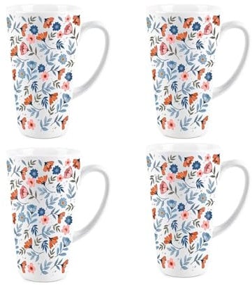 Blossom Flowers Tall Latte Mugs Set - Ceramic White Tea/Coffee Present Gift Set of 4