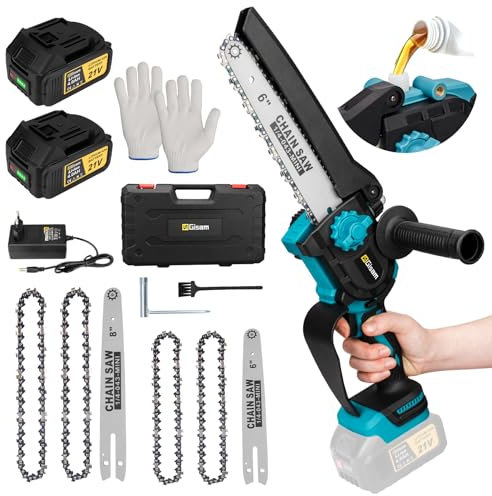 Akku Kettensäge, Gisam 6 & 8 Zoll Mini Kettensäge mit 8000mAh Akkus, Kettensäge Elektrisch mit 2 x 4Ah Akku und Automatischer Öler für Gartenarbeit und Brennholzschneiden (2-Mit 2 Akku)