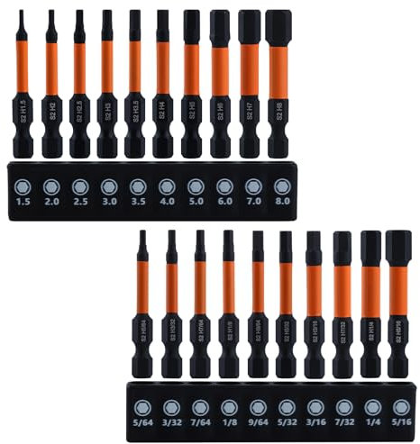 LEONTOOL Impact Hex Head Allen Wrench Drill Bit Set 20 Pcs (Metric and SAE) 1/4 Shank S2 Steel Hex Bit Set, Magnetic Allen Key Drill Bits, 2 Long Screwdriver Bits with Holder