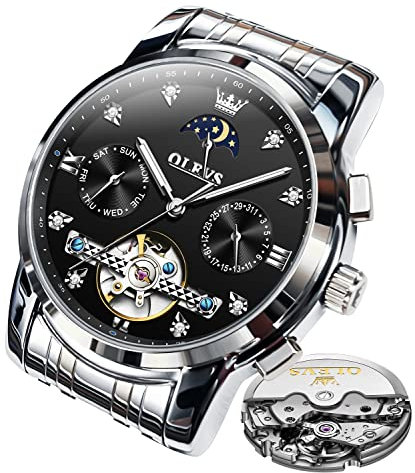 OLEVS Herrenuhren Automatik Mechanische Silber Armbanduhr mit Skelettiertem Tourbillon Kalender Wasserdicht Leuchtende Klassische Luxus Armbanduhren für Herren