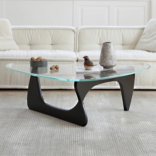 Tables Basses triangulaires en Verre pour Le Salon, Table Basse Ovale Noguchi avec Base en Bois Massif, Table d'appoint Moderne du Milieu du siècle en Verre Noir Abstrait pour Bureau