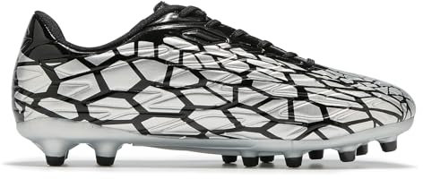 LEOCI Mens Football Boots Trainers Womens Rugby Shoes Artificial Firm Ground Outdoor Comfort Soccer Cleats Silver Black