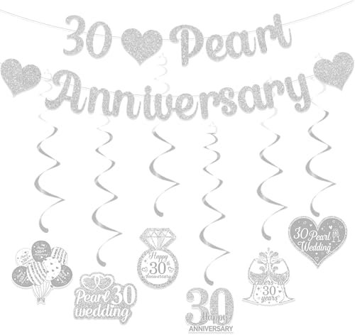 Gidobo 30th Wedding Anniversary Decorations Set, 30 Pearl Anniversary Banner, 6 Pieces Hanging Swirls, Glittery Party Hanging Bunting for Couple Parent Celebration