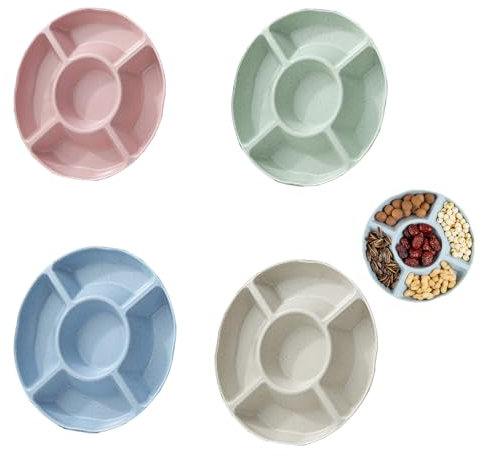 4PCS Snack Platter, Snack Tray, Snack Plate, Divided Plate, Snack Trays with Compartments, Food Platters, Round Divided Snack Serving Plates, Serving Platters for Parties for Fruit, Candy, Desserts