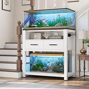 EOSVALO Aquarium unterschrank mit stabilem Metallrahmen und Steckdose, robuster Aquariumständer mit wasserdichter Matte (Weiß)