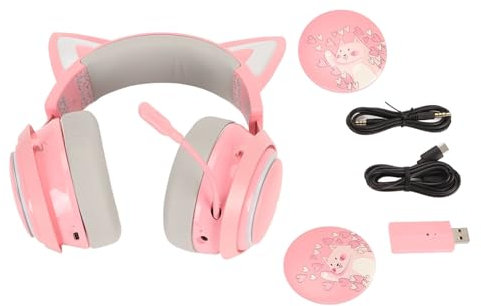 flexman Auriculares con Orejas Gato, 7 Luces RGB, Bluetooth, Inalámbricos, con Micrófono Retráctil Giratorio 120 Grados, Sonido Envolvente 3D, Auriculares sobre la Oreja para Niñas (Pinks)