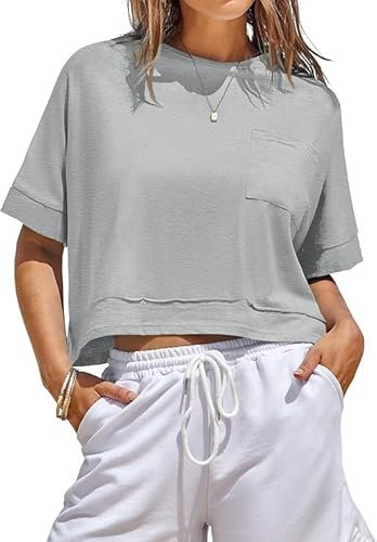 Fisoew Damen T-Shirt Kurzarm Rundhals Crop Tops Bauchfrei Sommer Oversize Oberteile Lockere Fitness Sport Shirts Einfarbig Basic top Grau M