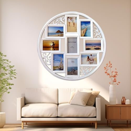 UUE Bilderrahmen,Wand Fotorahmen, Bilderrahmen Collage für 9 Bilder, Runden Bilderrahmen Set, Fotorahmen für Mehrere Fotos, Posterrahmen Collage Wanddeko für Zuhause, tudio und Büro, Weiß 52 * 52cm