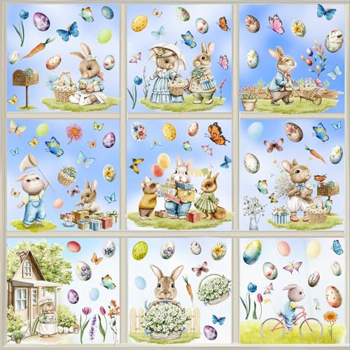 BOOMTOP Fensterbilder Ostern Fenster Deko Osterhasen 9Blatt Fenster Aufkleber Selbstklebend Osterdeko Fenster Sticker Frühling Abziehbilder Ostereier Hasen Fenstersticker Kinderzimmer Osterdekoration