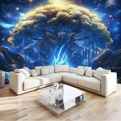 JEDTAKCT Wallpaper Papier Peint Panoramique Arbre Au Ciel Étoilé 300X210Cm Poster Geant Mural 3D Paysage Onirique Tapisserie Peinture Murale Papier Peint 3D Fresque Salon Chambre