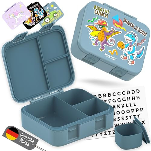 BEARFOOT Bento Box COMPACT | BPA-freie Kinder Brotdose für Schule & Kindergarten | Auslaufsichere Lunchbox für Mädchen & Jungen | Praktisch, leicht & kompakt (Dinos-blau, 1.000ml)