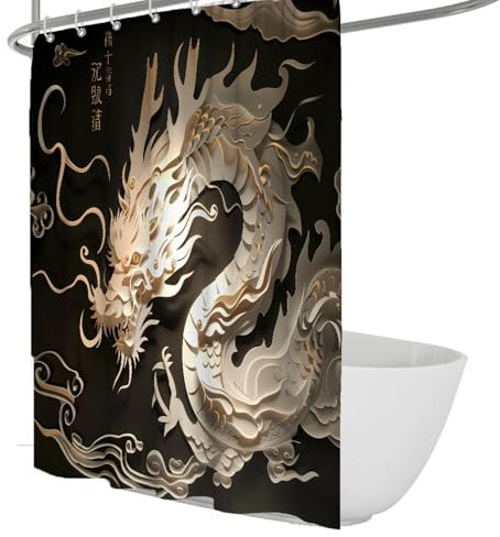 OLLIAR Home Dragon Duschvorhang Asia Vintage Schwarz und Weiß Duschvorhänge für Badezimmer Cool Art Wasserdichter Stoff Badevorhang Set mit Haken 180x180