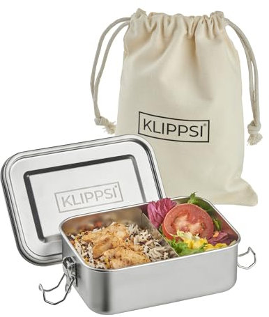 KLIPPSI® Edelstahl Lunchbox 850ml mit Trennwand, BPA frei, auslaufsicher, spülmaschinen und backofenfest, nachhaltige Brotdose für Kinder und Erwachsene (850ml)