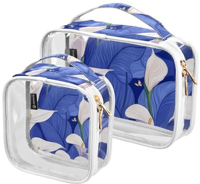 Amooorous Lot de 2 trousses de toilette transparentes pour homme et femme - Motif lys calla - Réutilisables - Conforme aux normes aéroportuaires, Nature Calla Lily Bleu Royal, 1 size