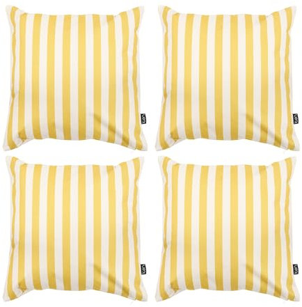 Icon Kissen, 4er Pack, Boho Kollektion, Drinnen und Draußen Stoff, Gelb Streifen Muster, 43cm x 43cm, Wasserabweisendes Kissen, Terrasse, Garten, Gartenmöbel