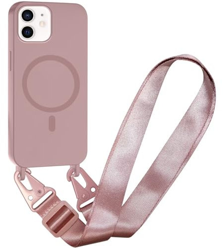 FERLAN Cover Compatibile con iPhone 12 Pro/iPhone 12 Cover Magnetica, Silicone TPU Morbido Corda Collana Necklace Regolabile Stylish con Catena Ultra Sottile Case, Rosa sabbia
